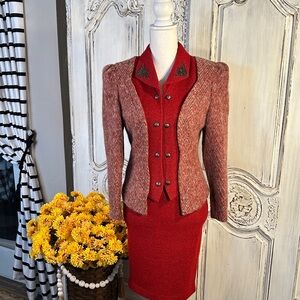 VINTAGE Red and Gray Tweed Two Piece Skirt Suit